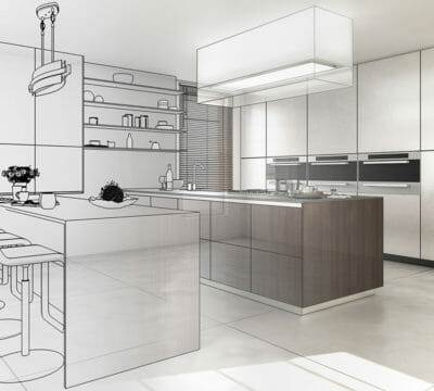 Eine Küche, die zur Hälfte als Zeichnung und zur anderen Hälfte als 3D Küche gezeigt wird